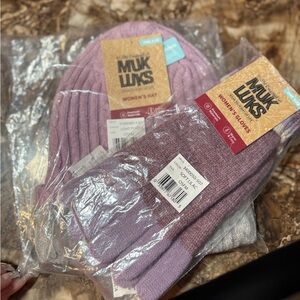 Muk Luks Pink and Purple Knit Hat and Gloves Set